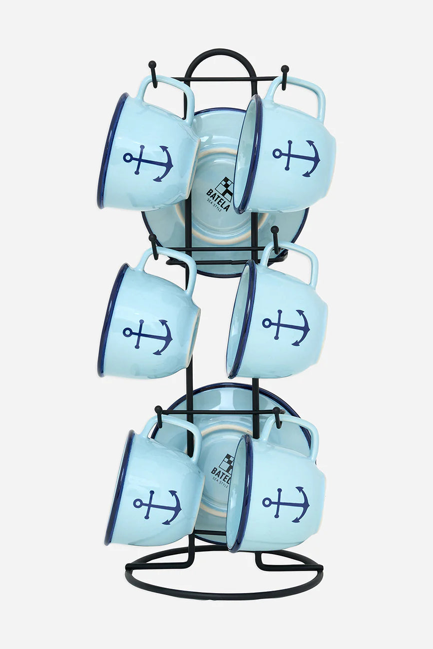 Set of Six Coastal Anchor Cups & Saucers with Stand 2