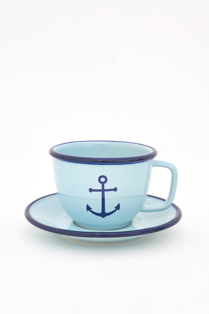Set of Six Coastal Anchor Cups & Saucers with Stand 4
