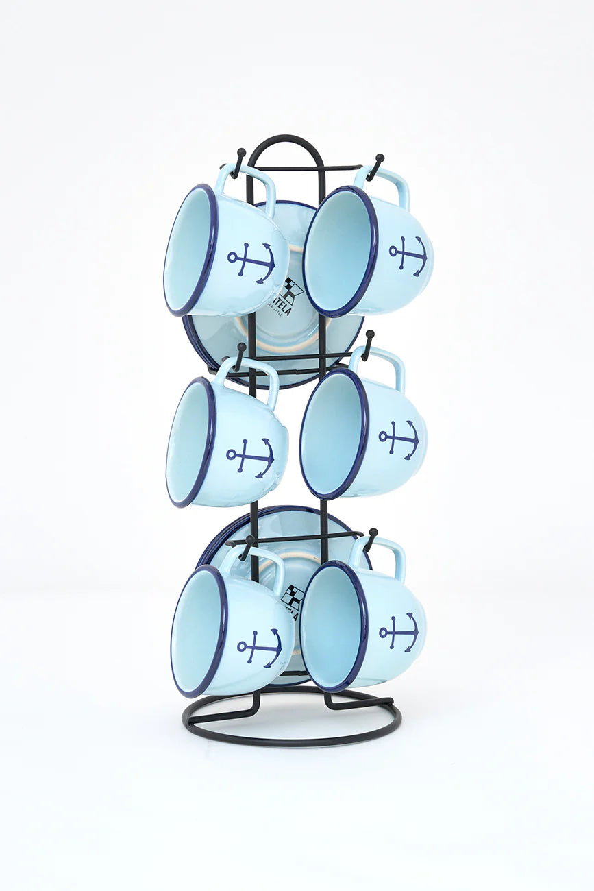 Set of Six Coastal Anchor Cups & Saucers with Stand 2