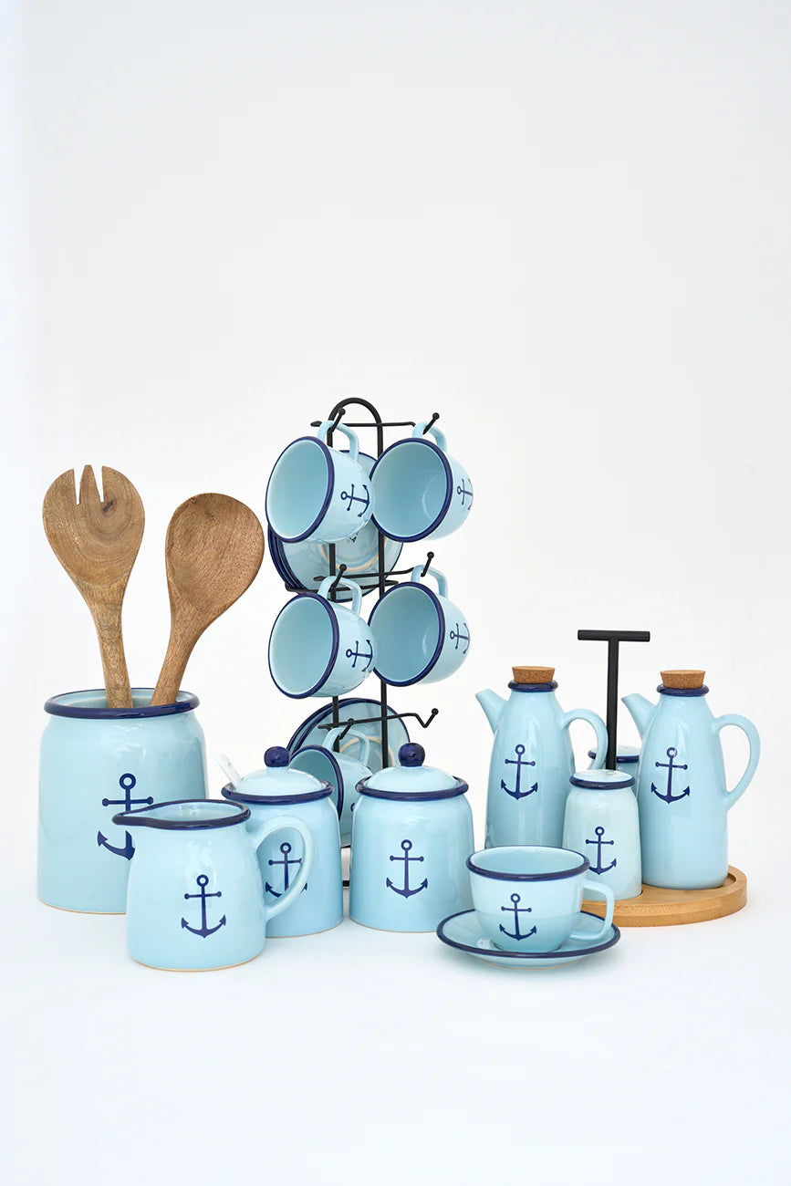 Set of Six Coastal Anchor Cups & Saucers with Stand 3