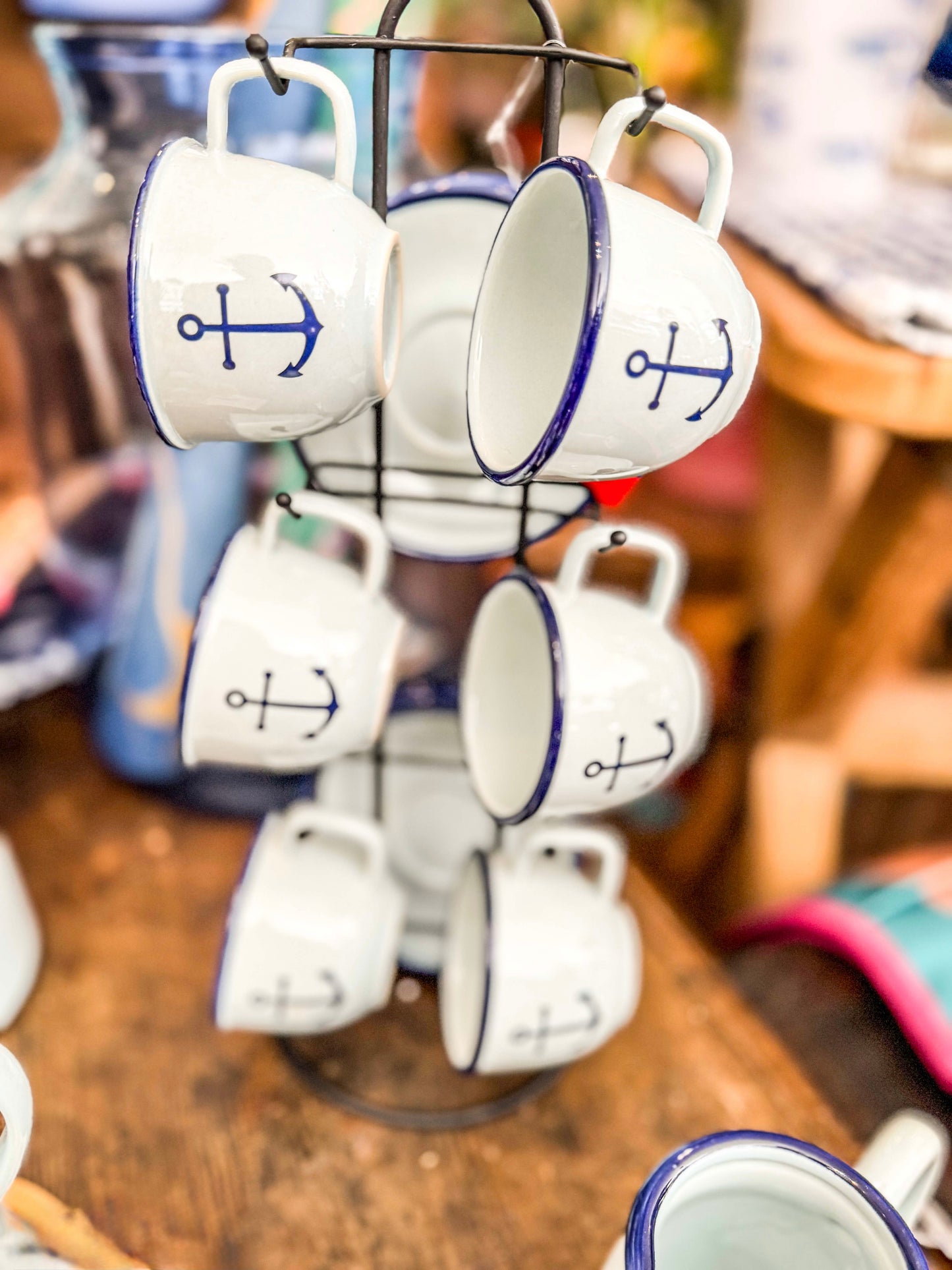 Set of Six Coastal Anchor Cups & Saucers with Stand Situ