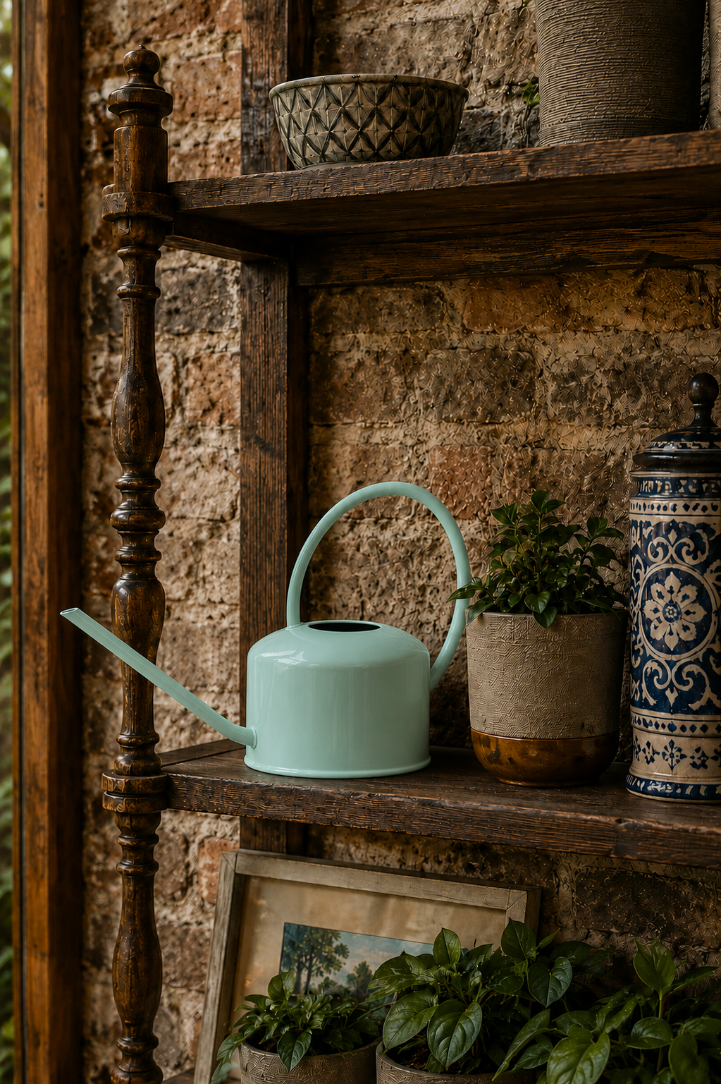 Sky Blue Metal Watering Can – 1 Litre in situ