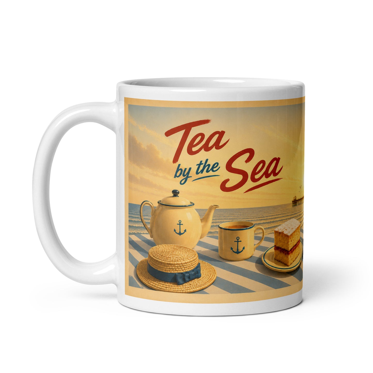 Tea by the Sea 11oz mug with teapot, cake and vintage seaside artwork 1