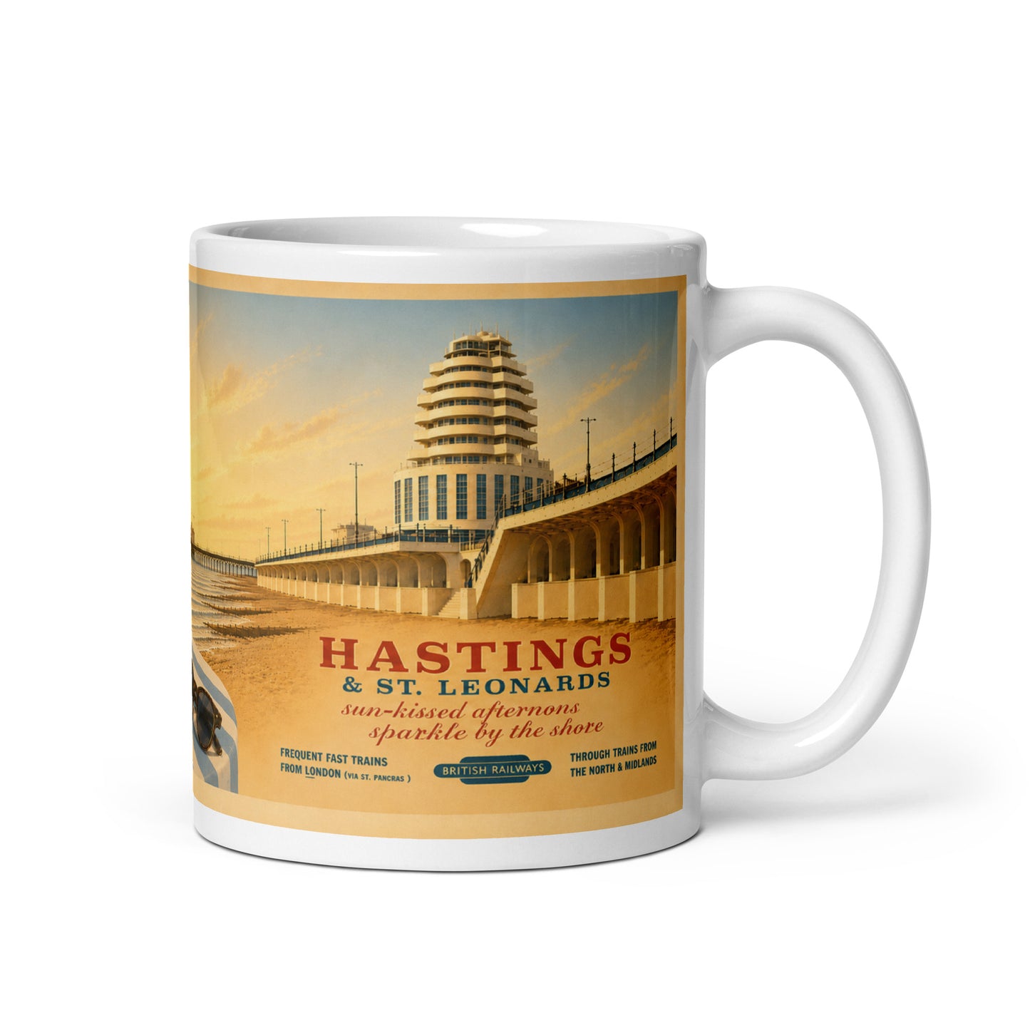 Tea by the Sea 11oz mug with teapot, cake and vintage seaside artwork 2