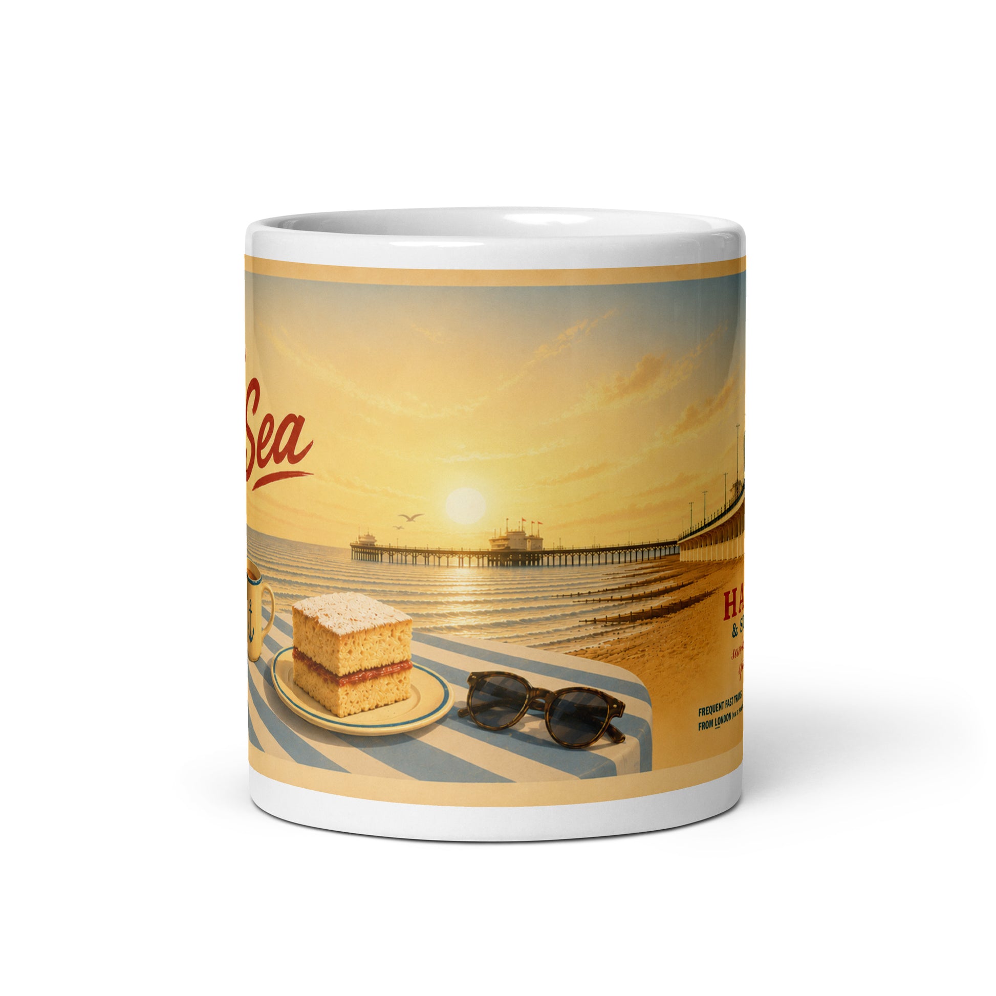 Tea by the Sea 11oz mug with teapot, cake and vintage seaside artwork 3