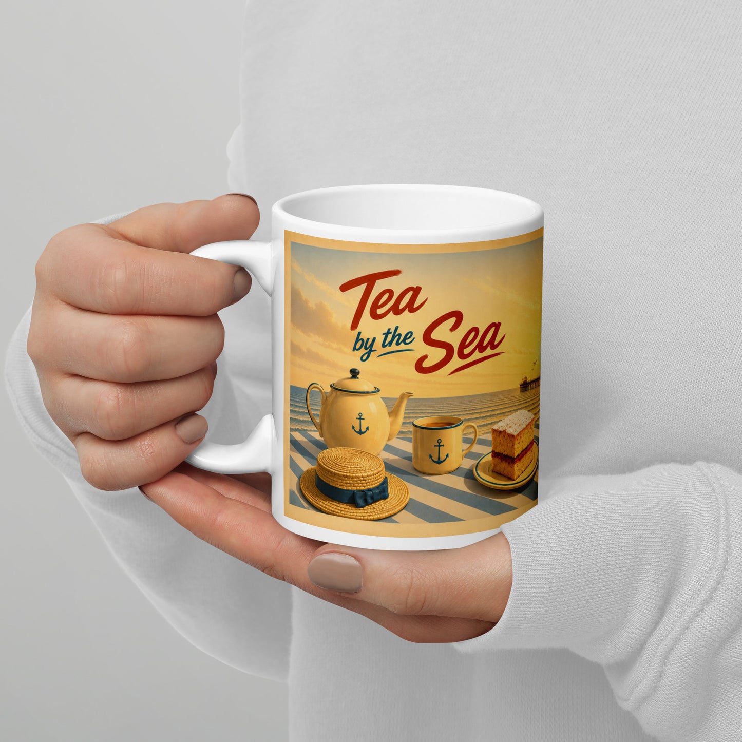 Tea by the Sea 11oz mug with teapot, cake and vintage seaside artwork 4