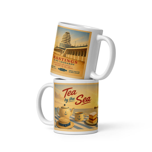 Tea by the Sea Hastings and St Leonards vintage seaside 11oz ceramic mug