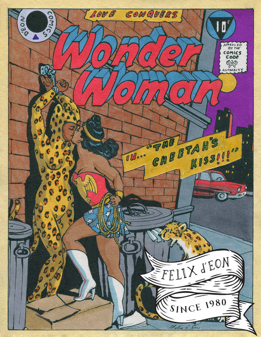 Comic book cover featuring Wonder Woman in a leopard print outfit with text 'Love Conquers' and 'Wonder Woman'.