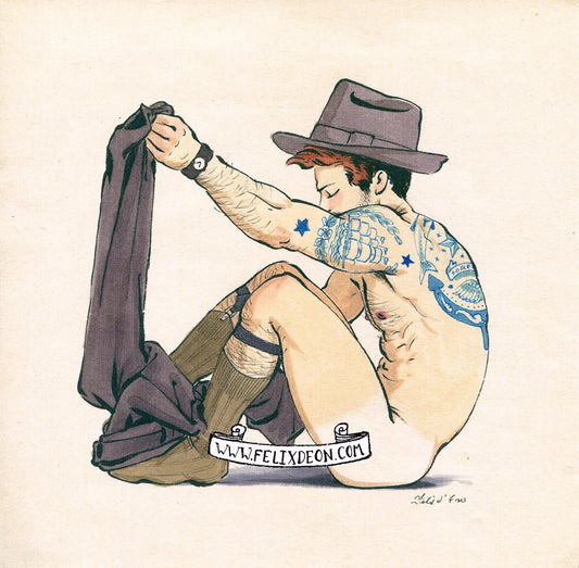 Illustration of a person with tattoos sitting and holding a garment, with 'www.felixdeon.com' branding.