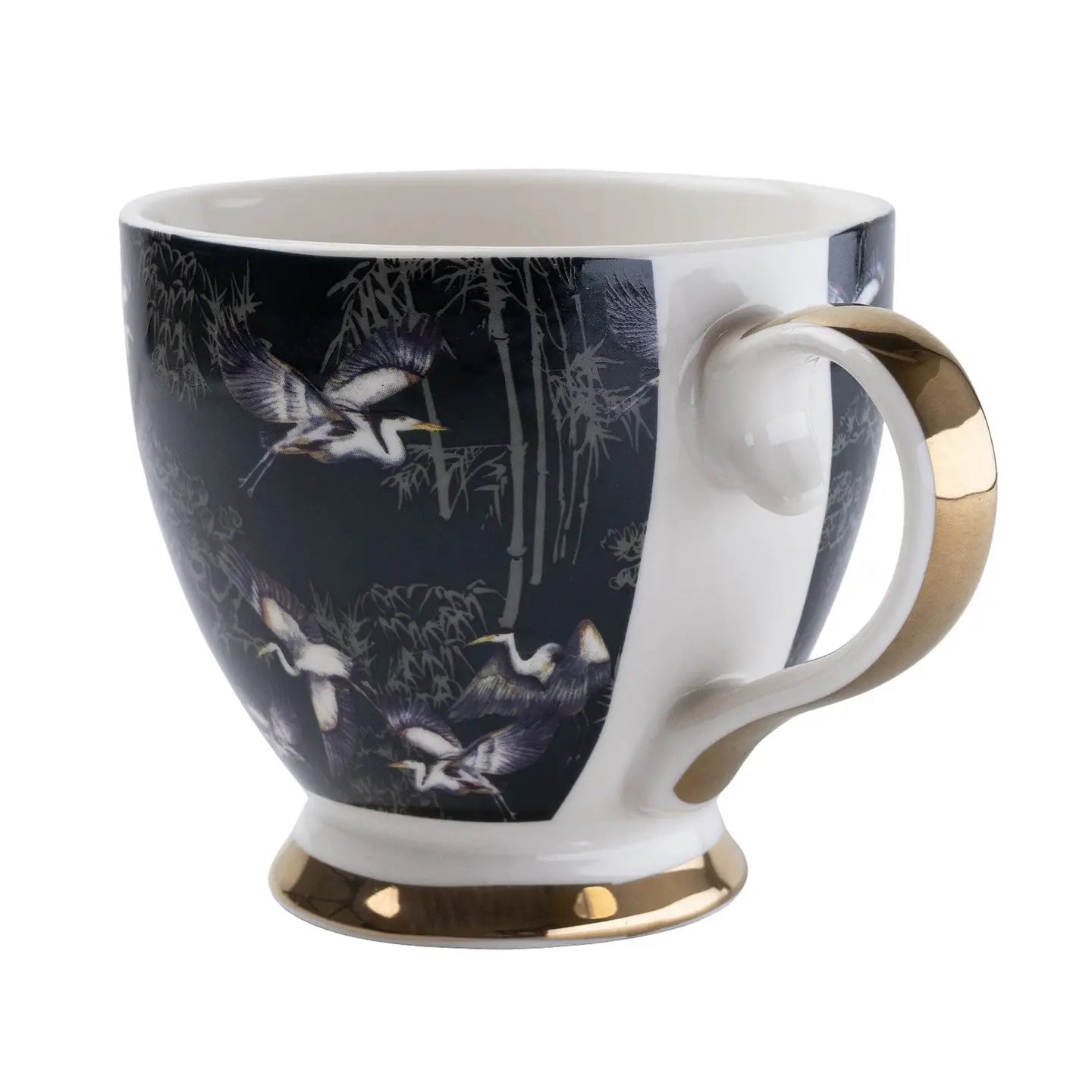 Footed Mug in Oriental Heron Design with Gold Rim in Gift Box