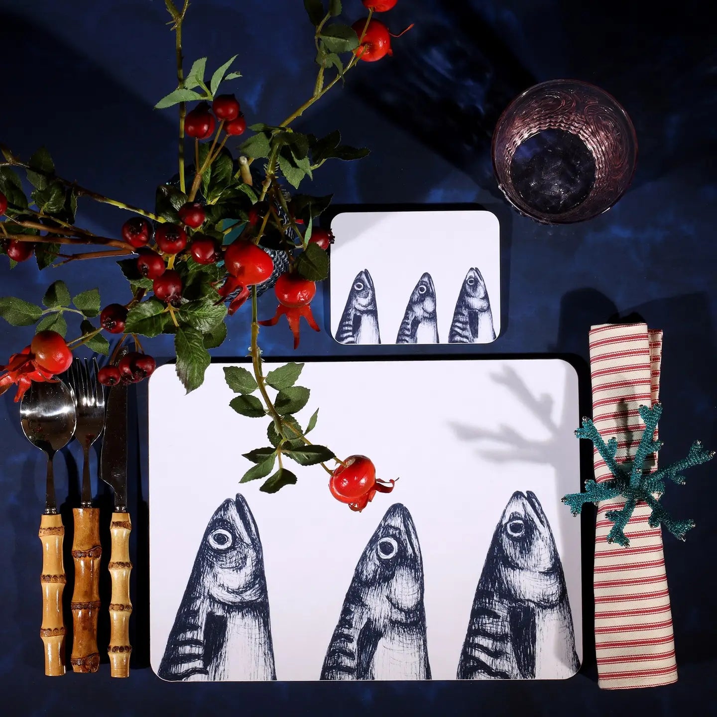 Blue and White Mackerel Heads Design Placemat - Cream Cornwall