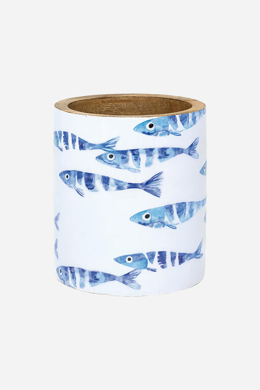 Enamelled Wooden Cutlery Container – Blue and White Fish Design