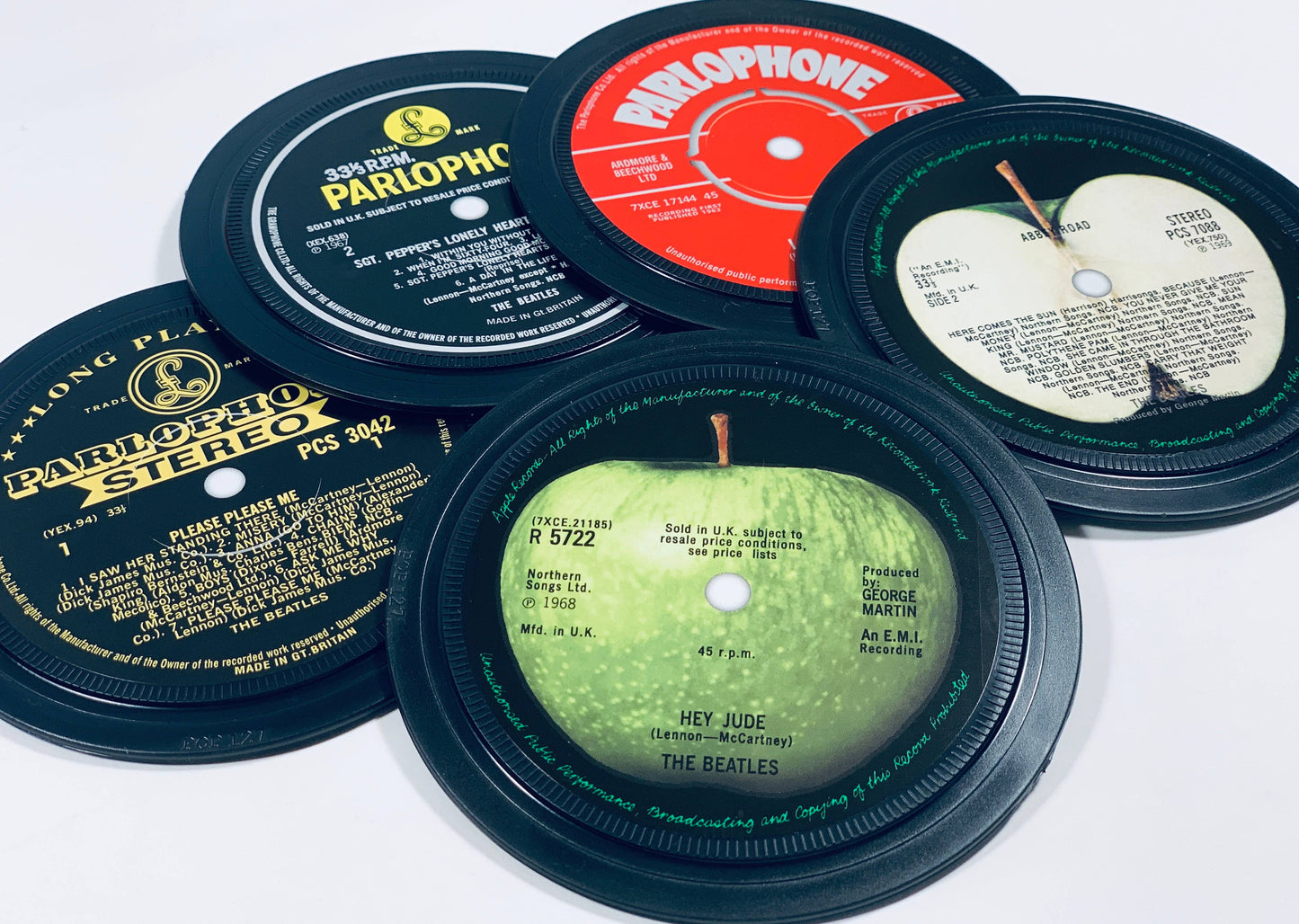Beatles Record label coasters. 5 in a box. Popsters.