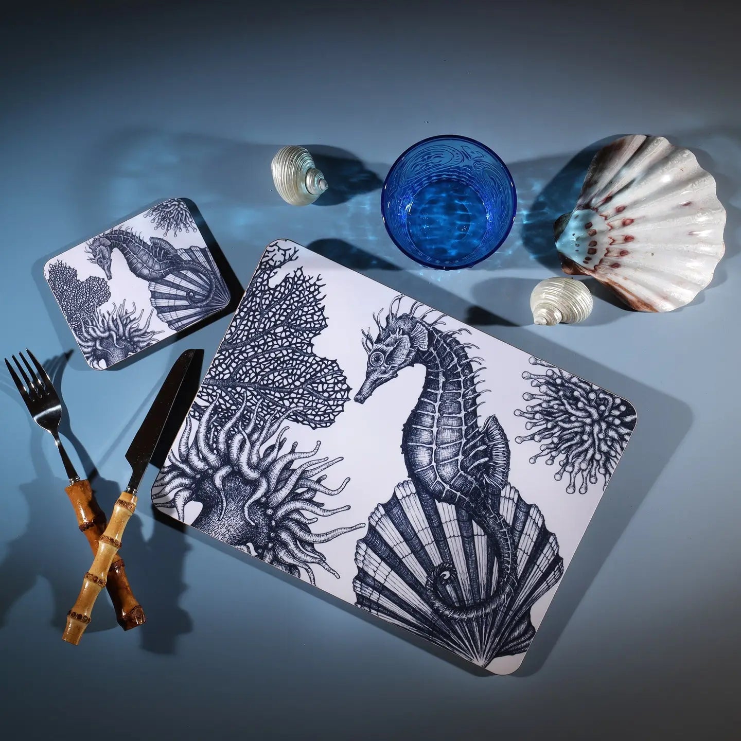 Blue and White Seahorse Placemat - Cream Cornwall
