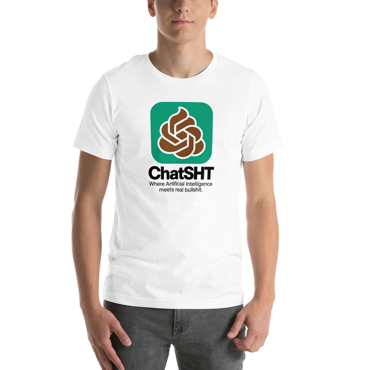 ChatSHT funny AI white unisex T-shirt with full-colour graphic logo front model 2