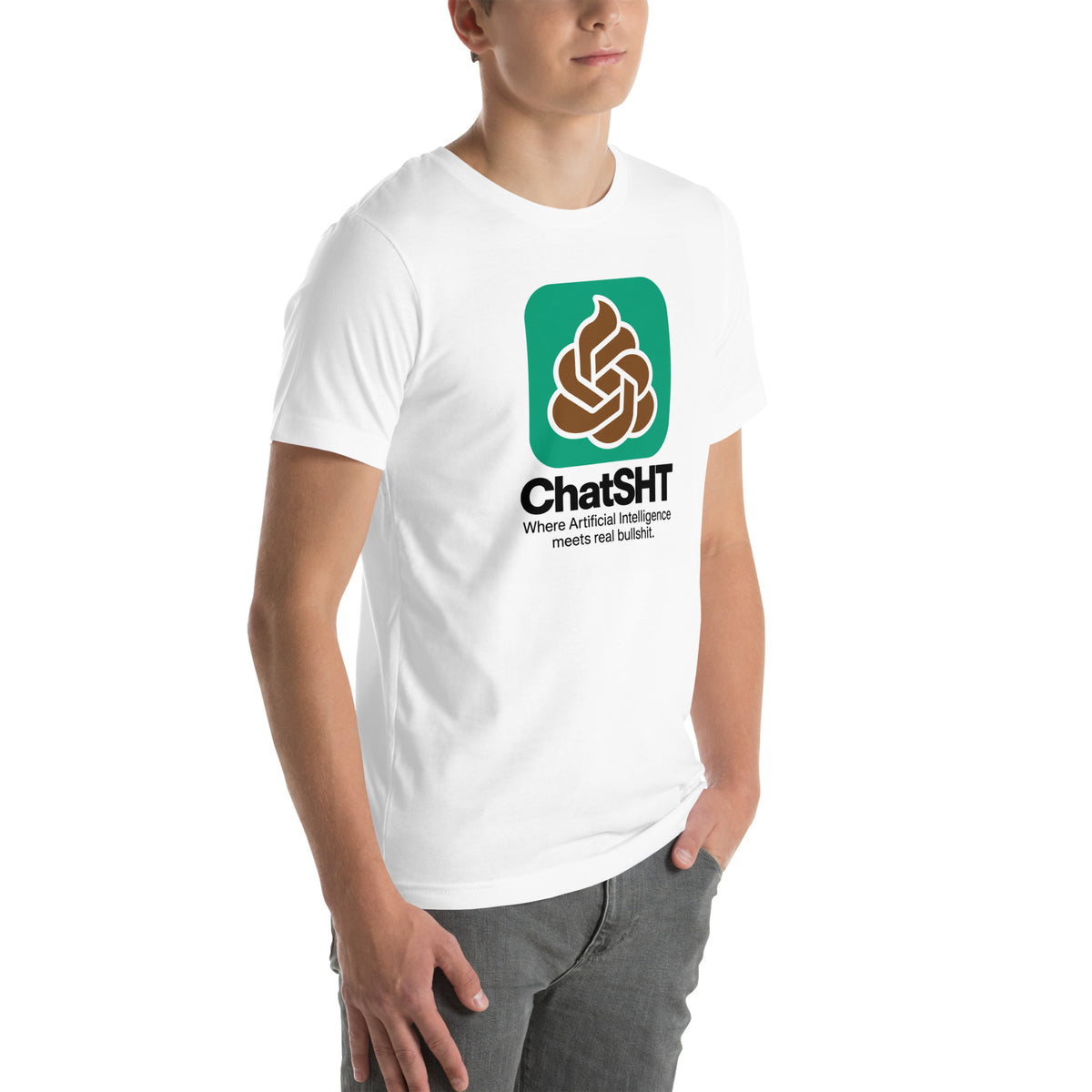 ChatSHT funny AI white unisex T-shirt with full-colour graphic logo front model side 3